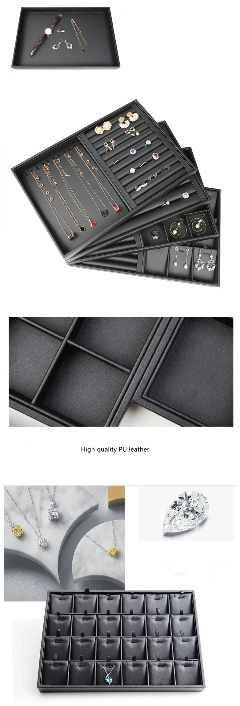 Luxury Black Leather Jewelry Display Tray For Counter Display Pu
