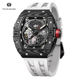 TSAR BOMBA Luxury Men's Automatic Wristwatch with Tonneau Case and Rubber Band Analog Dial Display