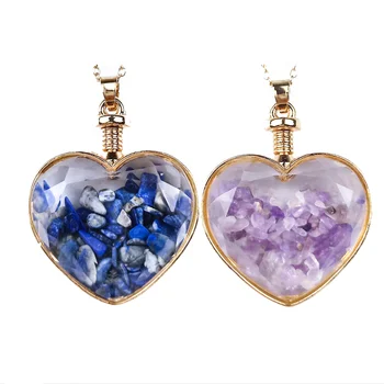 Gift wishing bottle natural lapis lazuil amethyst stone chip bottle pendant necklace transparent faceted heart bottle necklace