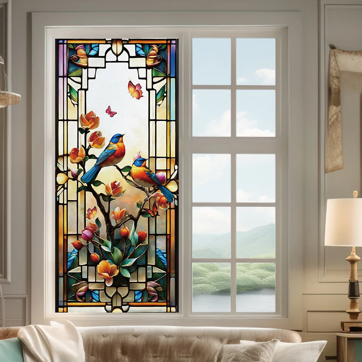 Красочные Ретро Цветы и птицы ПВХ электростатическое стекло наклейка неклейкая пленка на окно съемное украшение окна
