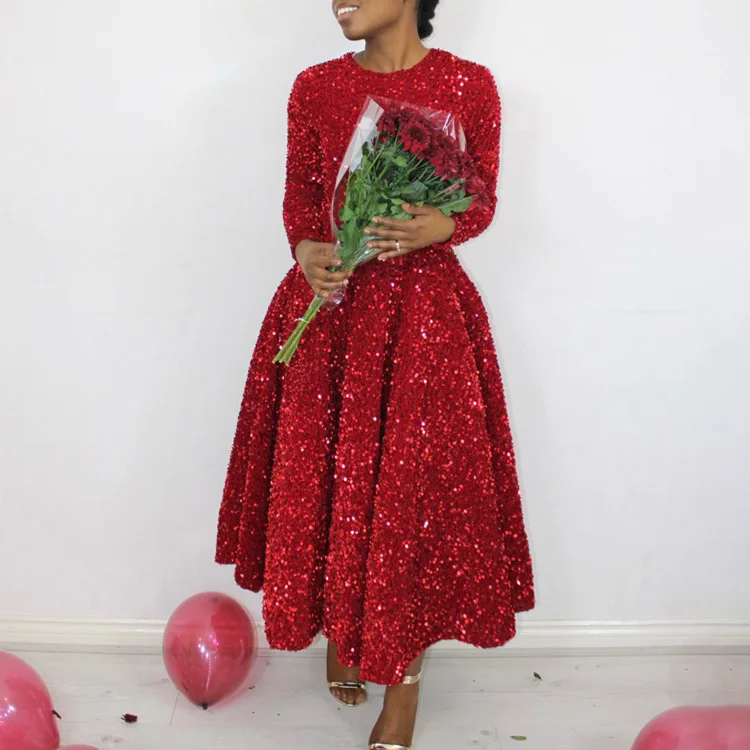 Africa New Women Elegant Christmas Dress Round Neck Long Sleeve Solid Color  Sequins Dress High Waist Temperament Midi Dress