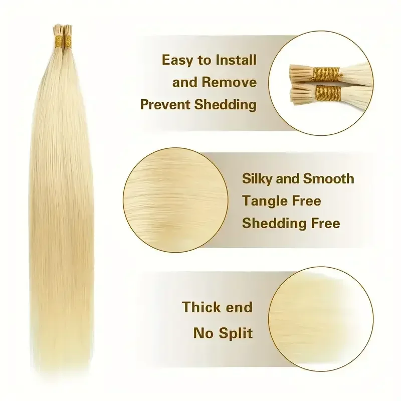 I Tip Hair Extensions Straight 100% Human Hair Bleach Blonde Remy Hair Bundles 50 Grams/Pack_voghion.com