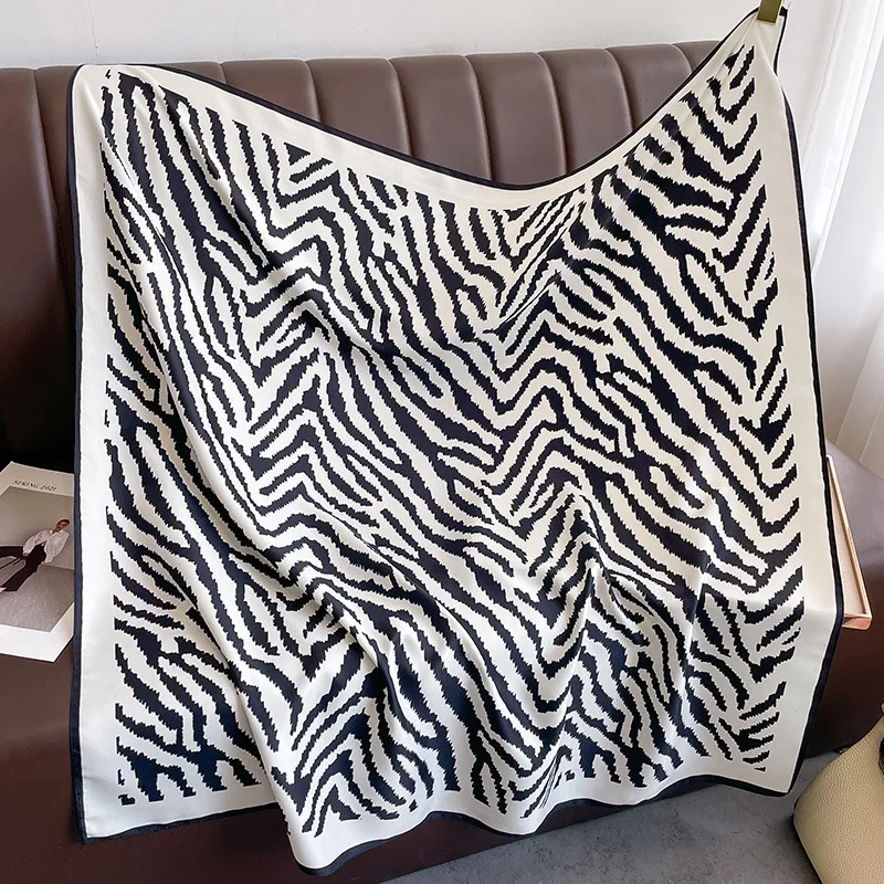 Spring Summer High Quality 90x90cm Animal Zebra Pattern Printed Women Silk Hair Scarf Ladies Silk Square Head Scarf Hijabs
