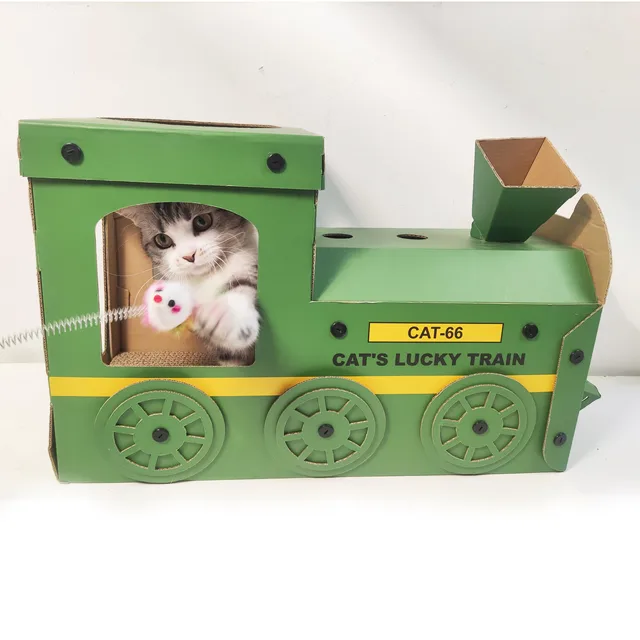 Green train shape  Pet  Corrugated Paper Cat Play Cardboard Scratcher House Pet Cat House