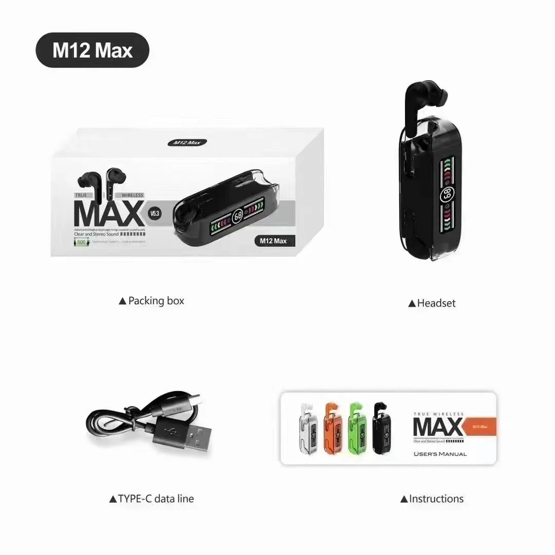 2023 new trending M12 Max tws earphone Audifonos Gaming Earbud M12 Auriculares Headset With LED power bank for smart phones