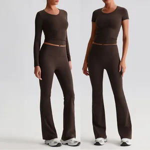 High Quality Women Hip Lifting Flare Pants Fitness Long Sleeve Short Sleeve Top T-Shirt Outdoor Running Yoga Sets