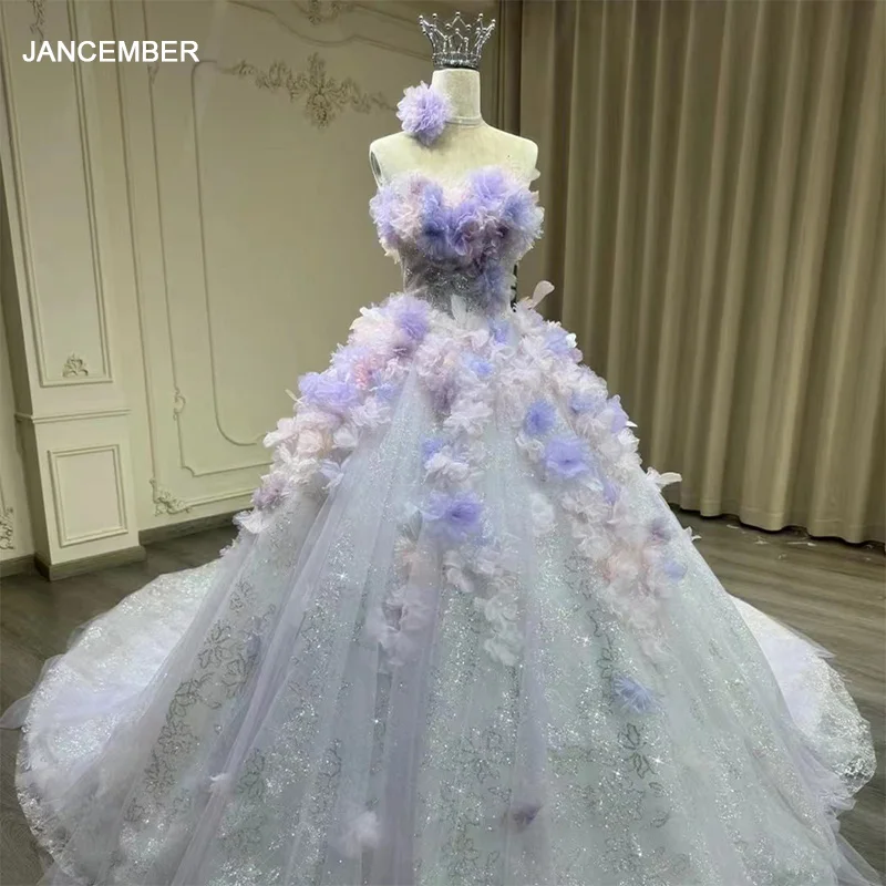 Strapless Corset Top Fairytale Sparkly Glitter Ball Gown Dress Floral Ball  Gown Puffy Wedding Prom Dress Yl0031