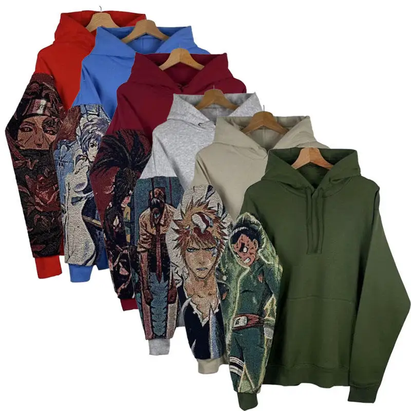 Custom Streetwear Hoodies Unisex Oversized 100% Cotton Fleece Pullover Kangaroo Pocket Woven Tapestry Cartoon Hoodie for Men