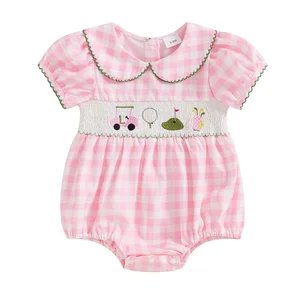 Baby Girl Casual Plaid Onesie Summer Short Sleeve Romper Cable Stitch Embroidered Doll Collar Triangle Crawling Suit Button