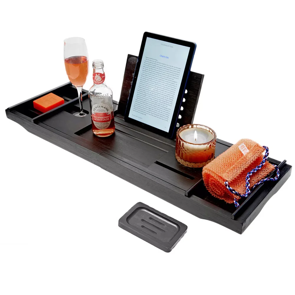 product adjustable bamboo bathtub caddy tray with tablet wine glass holder bathroom organizer for spa bathroom sets-11