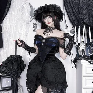 OEM ODM Customize Gothic Velvet Lace Strapless Corset Top - Dark Aesthetic Tulle Shoulder Trim Tassel Decor Bodycon Bustier