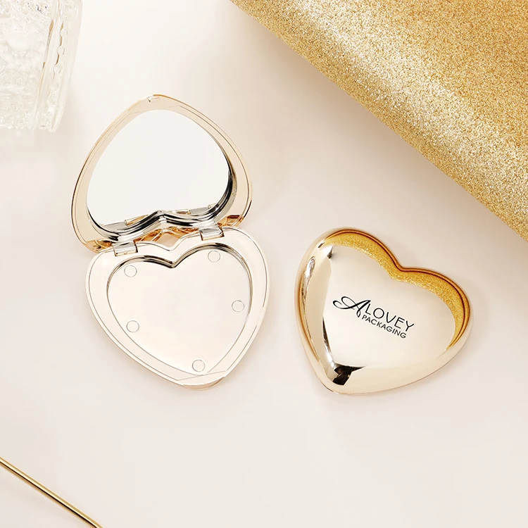 Cute Heart Shaped Compact Blush Packaging With Mirror Compact Powder case Gold