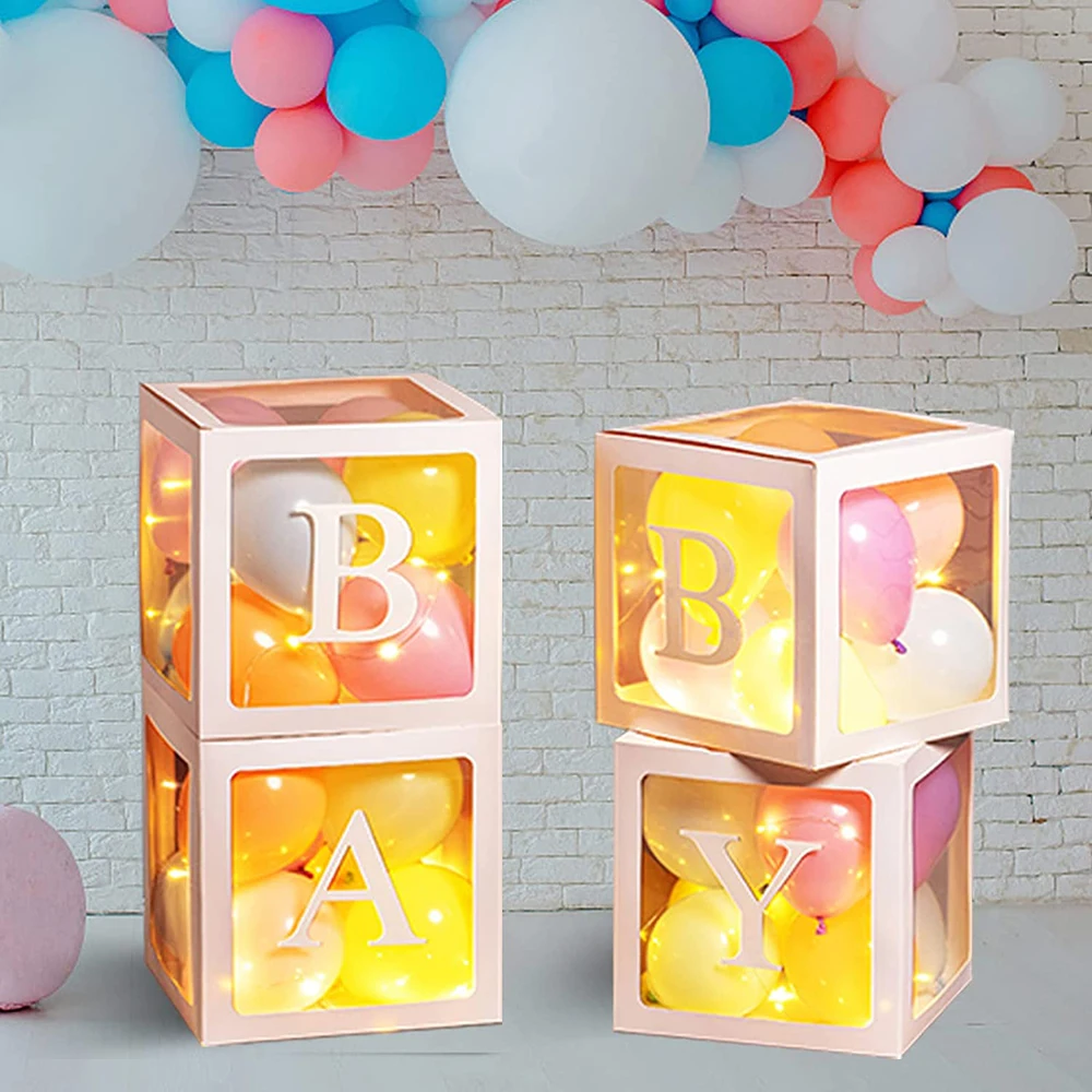 4 Stück Transparente Ballonboxen Für Baby-Shower – Ca. 30x30x30 Cm, Mit Aufklebern, Ideal Für Geschlechtsenthüllung, Geburtstag & Partydeko