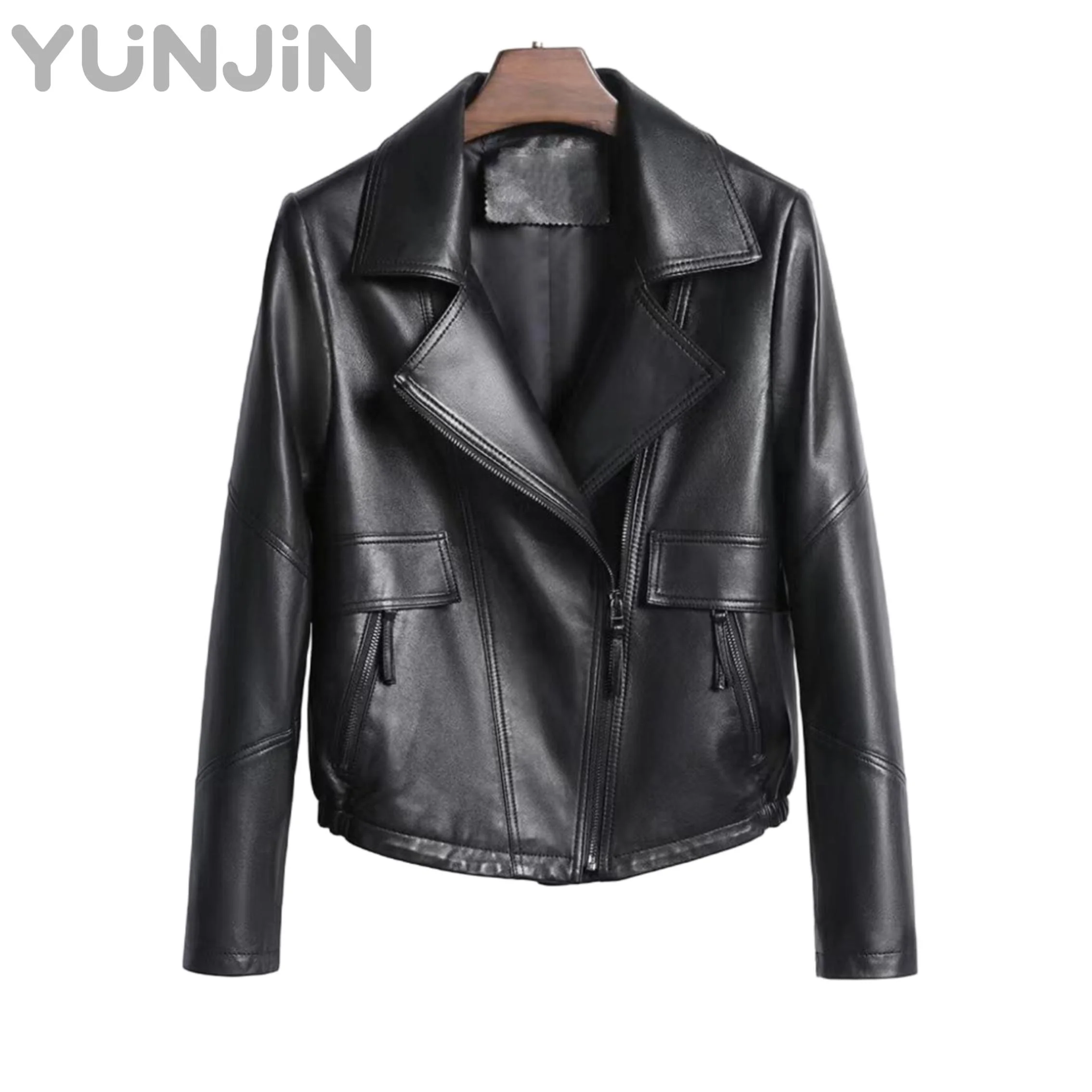 Women Sheep Leather Jacket Korean Style Cropped Biker
