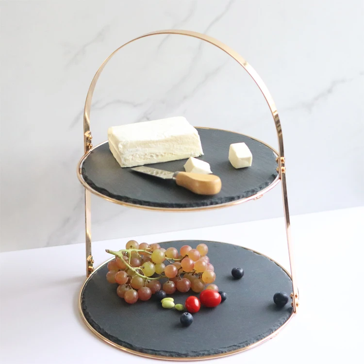 Golden Frame Dessert Display Platter Slate Cheese Board 2 Tiers Wedding Cake Stand