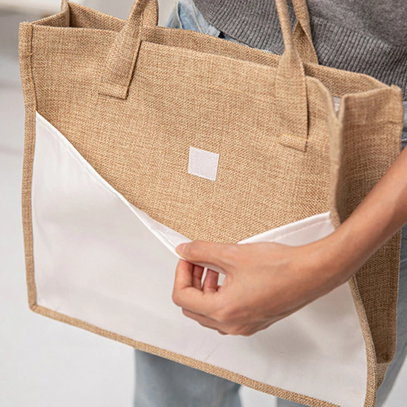 Sublimation Jute Tote Bag With Canvas Front Pocket Burlap Tote Bags