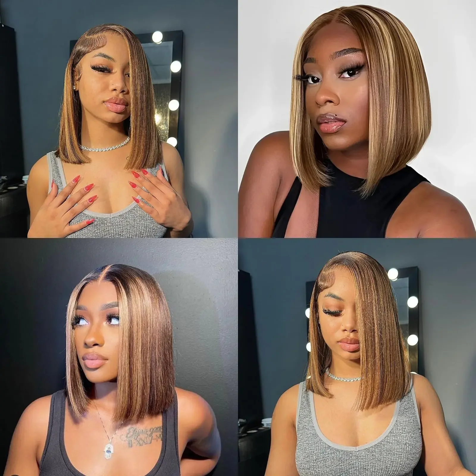 P4/27 Brasilianische glatte Bob-Perücke mit Spitzenfront, Remy-Menschenhaar, 180 % Dichte, Braunblond_voghion.com