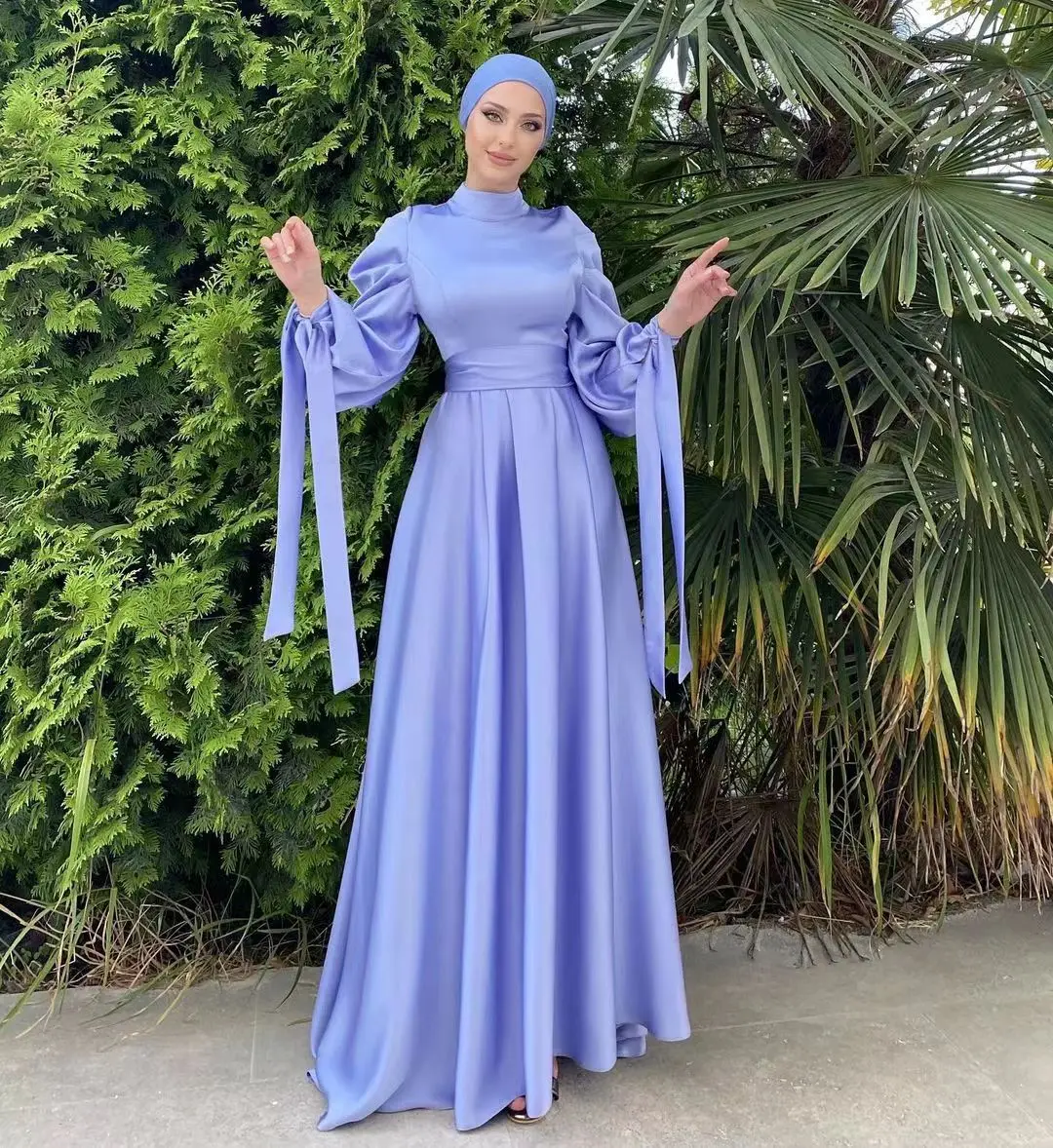 Popular Women Islamic Clothing Satin Muslim Party Dress Modest Abaya Women  Muslim Dress Elegant Muslim Prom Dress With Ribbon