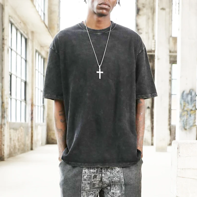 Высококачественная винтажная черная футболка из хлопка одежда для взрослых излишки запаса осеннего сезона от поставщика