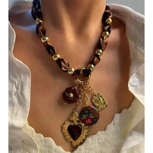 Fashion European American Stainless Steel Gold Plated Heart Sun Acrylic Flower Trendy Leopard Print Women's Pendant Necklace