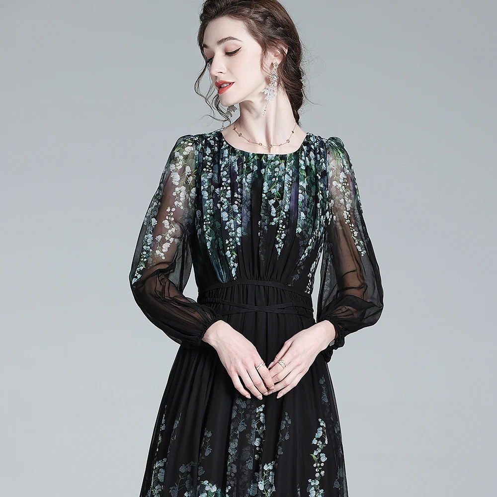 Long Sleeve Floral Satin Printed Dress Round Neck Satin Silk Elegant ...