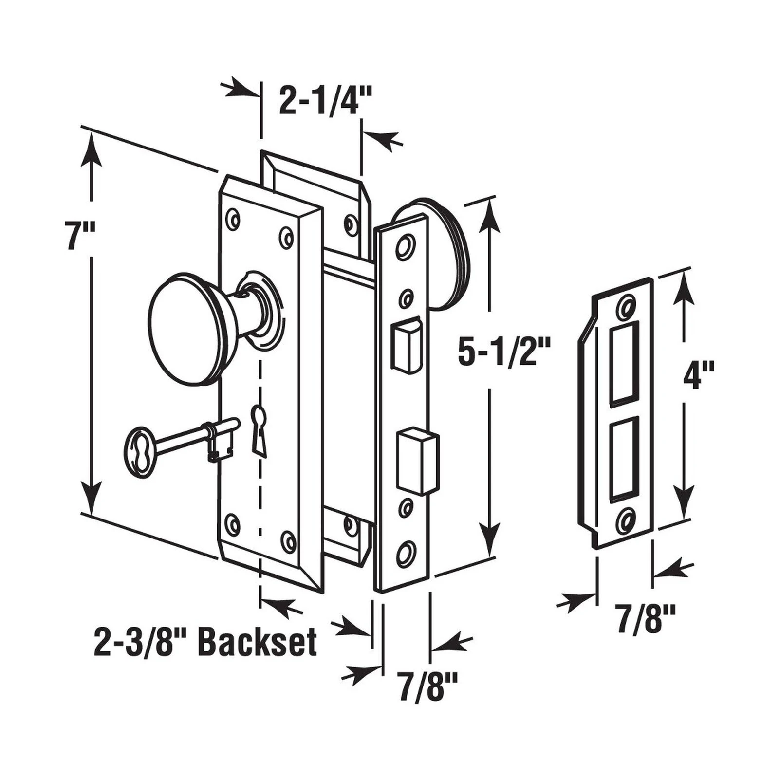 Vintage Keyed Indoor Mortise Lock Knob Handleset Fits 13/8 In To 13/4