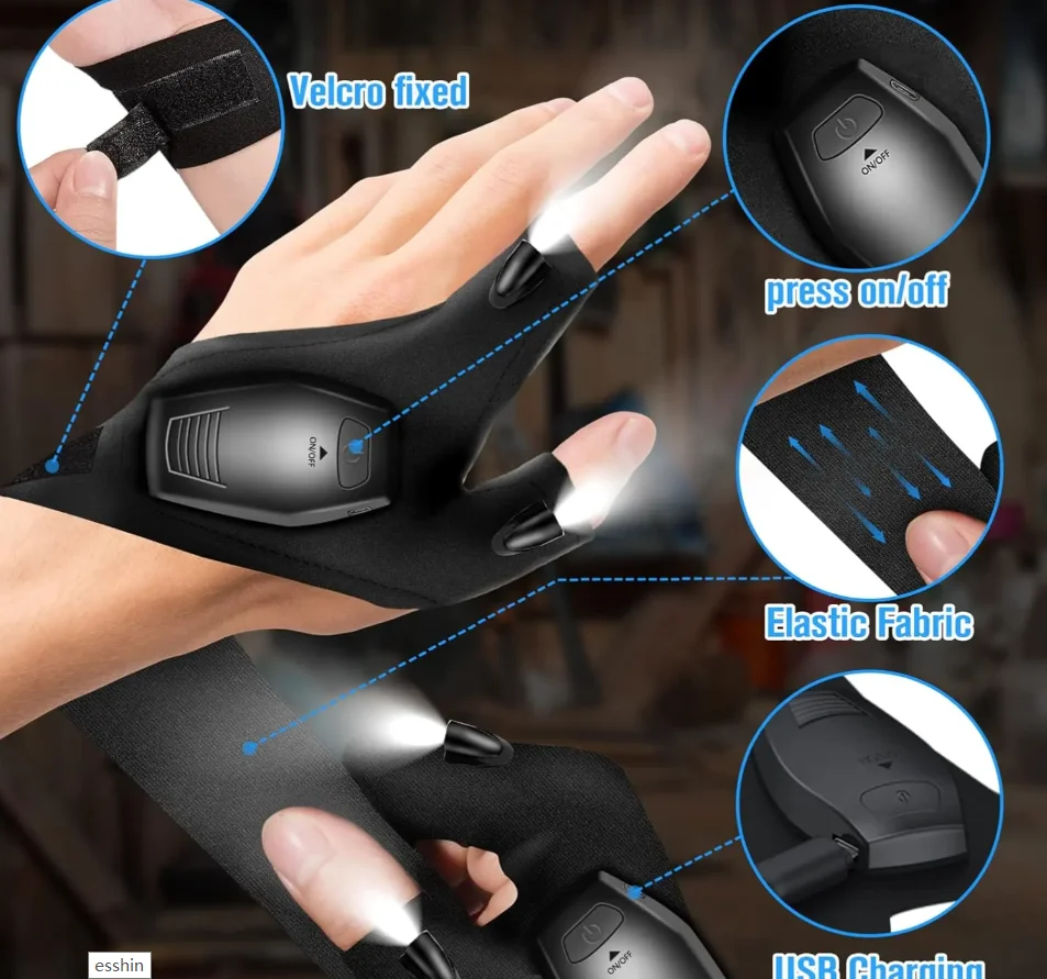 Rechargeable LED Flashlight Glove Outdoor with Lights Novelty Fishing Gifts for Men Dad Tool Gadgets Gifts for Repairing Fishing