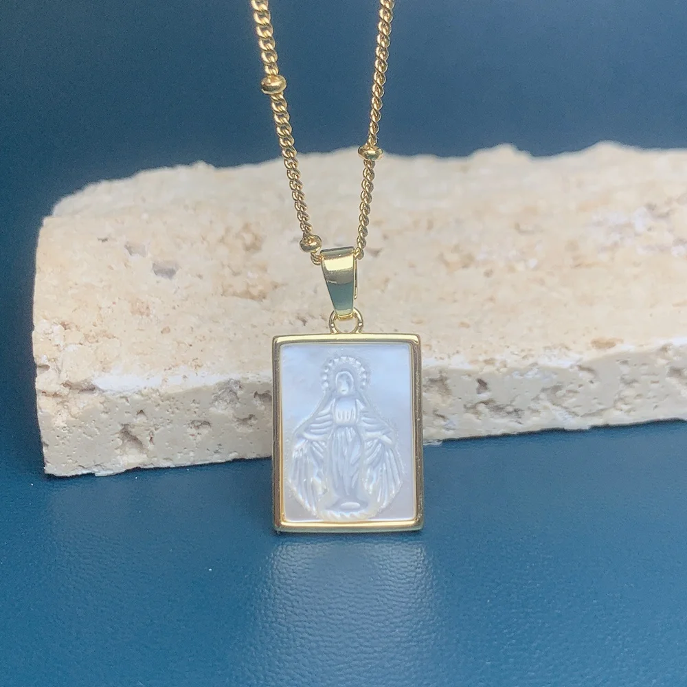 Square Religion Virgin Mary Pendants White Mother of Pearl Shell