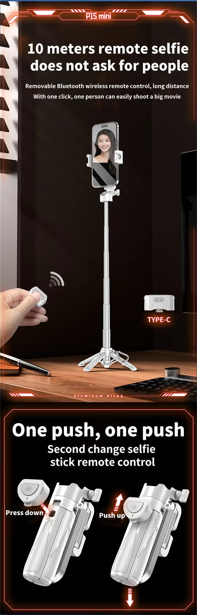 Portable Small Storage P15 mini Phone Stand Handheld Detachable Remote for Vlog Multifunctional Mini p15 Tripod Selfie Stick