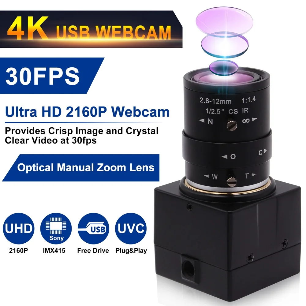 ELP 4K IMX415 ウェブカメラ、可変焦点レンズ 2.8-12mm マニュアル