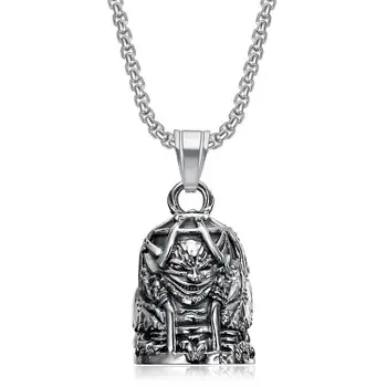 RFJEWEL Retro Punk Hip Hop Stainless steel Silver Plated Prison Demon Riding Lucky Bell Pendant Necklace