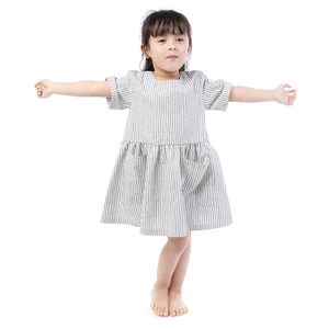 Wholesale Children Boutique Clothing Baby Linen Clothing Girls Stripe Linen Short Sleeve Summer Dresses with Pockets