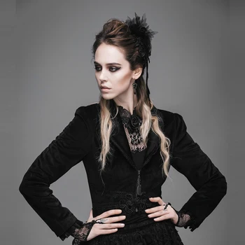 CT019 Autumn turn down collar frog button zipper up black sexy women gothic velvet short jacket with lace dovetail
