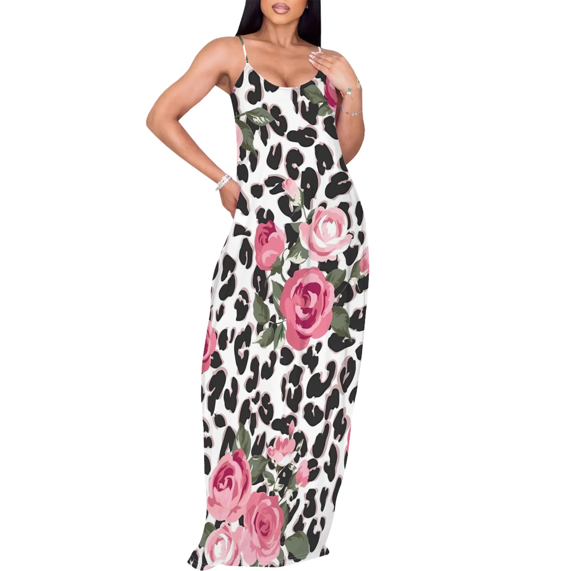 Customizable Women's Maxi Dress with Leopard Pattern Natural Waistline Woven Weaving Method for Small Orders