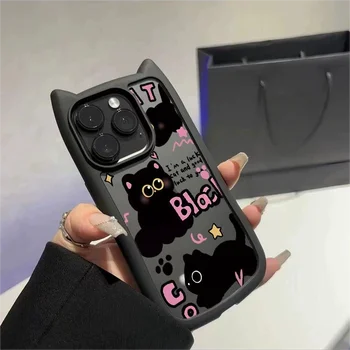 Black Cute 3D Cat Ear Black Ball Case for iPhone 16 15 Pro Max 14 13 Plus 12 11 Transparent Shockproof Clear Acrylic Hard Cover