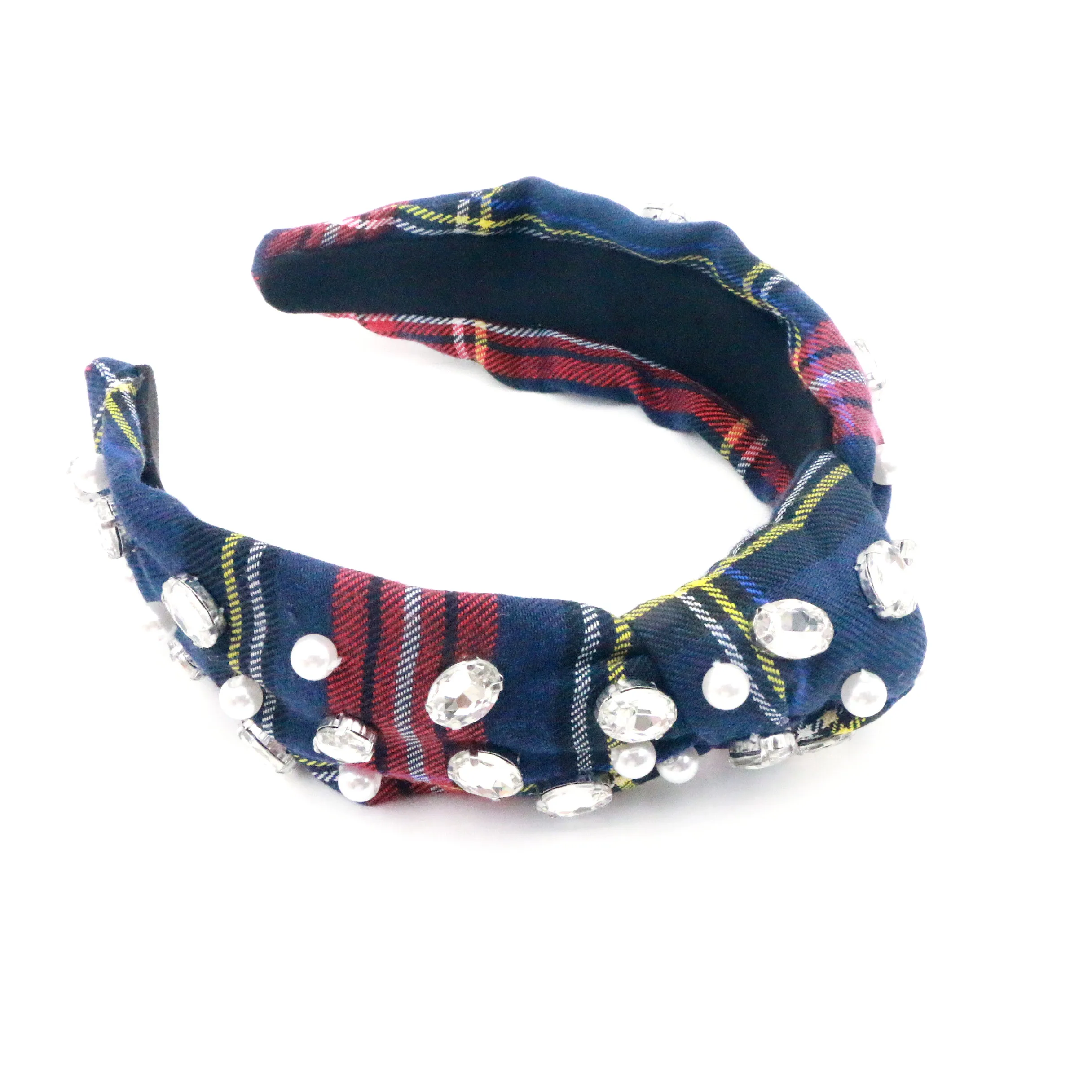 Fall Designer England Plaid Fabric Pearl Crystal Top Knottted Headband