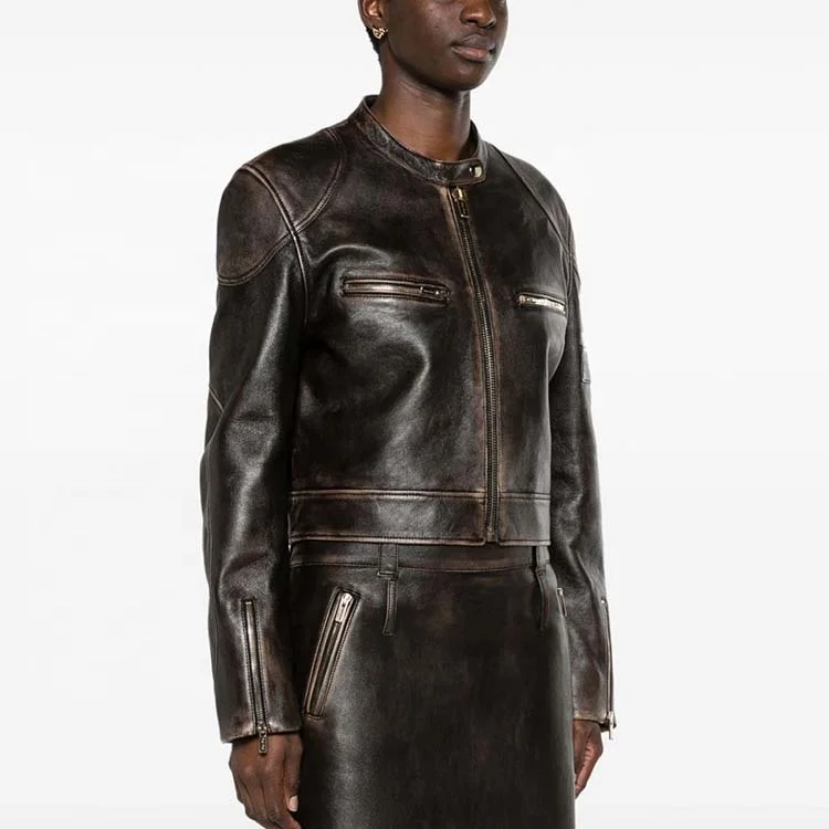 High Quality Custom Luxury 100% Lambskin Zipped Cropped