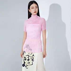 Miyake Short Sleeve Women's Top Sheer Sexy Slim Fit Stylish and Versatile Pleated T-shirt