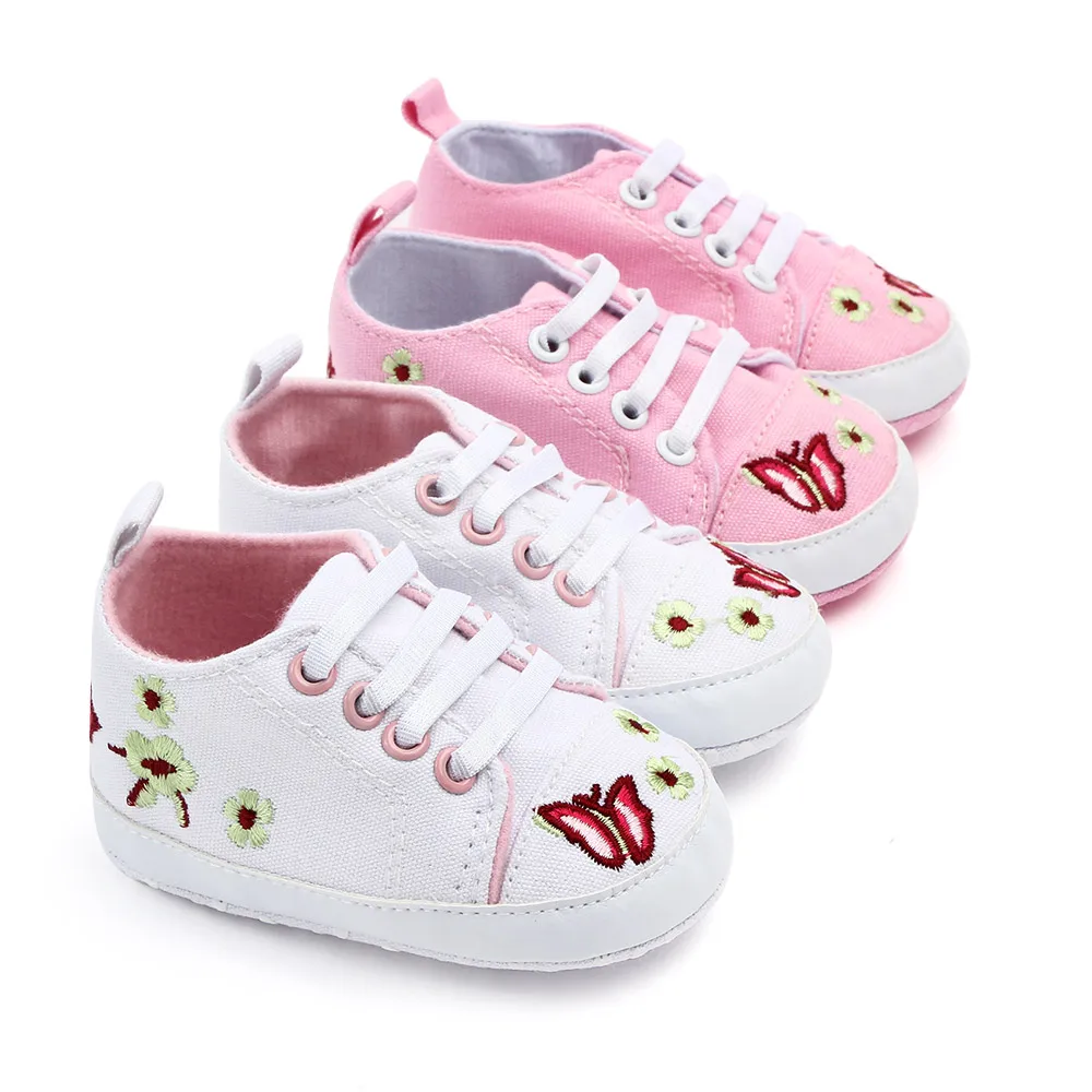 Infants Solid Color Embroidered butterfly Elastic Soft Soled Baby Canvas Walking Shoes