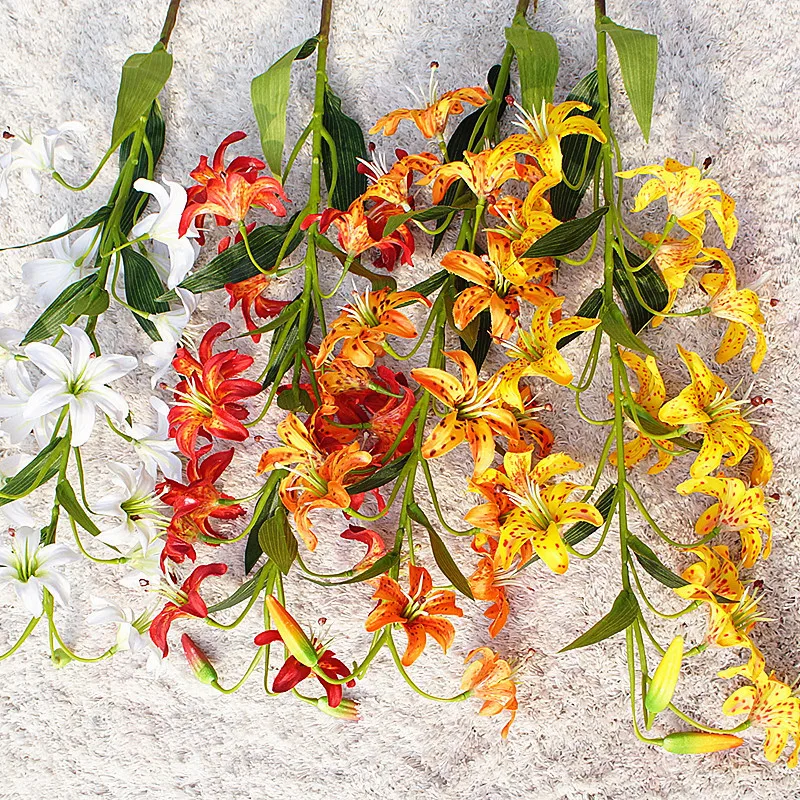 New Arrival Wholesale Artificial Silk Lily Flowers 15 Heads Red Orange