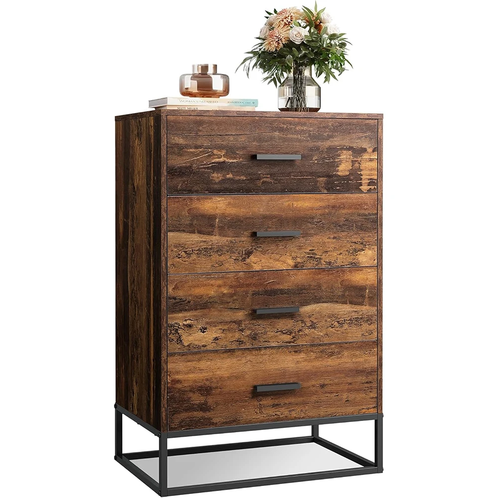 Modern Wood Dresser with 4 Drawers Tall Sturdy Metal Frame Wooden Chest for Bedroom & Living Room Brown Oak