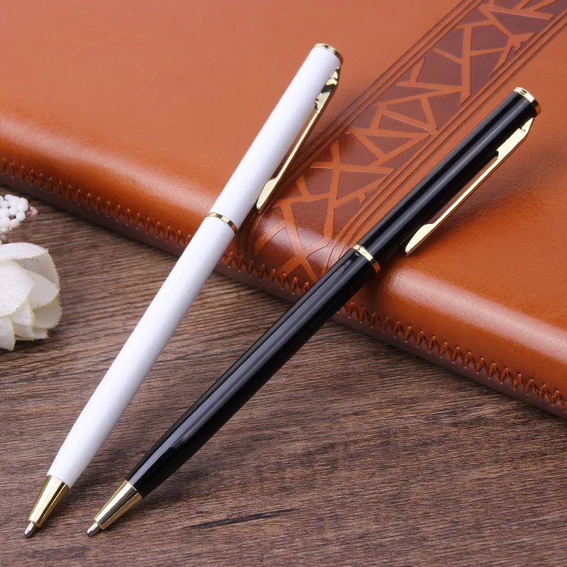 Gift Promotional Ball Pen Customized Logo Black White Slim Metal Body Twist Ballpoint Pen