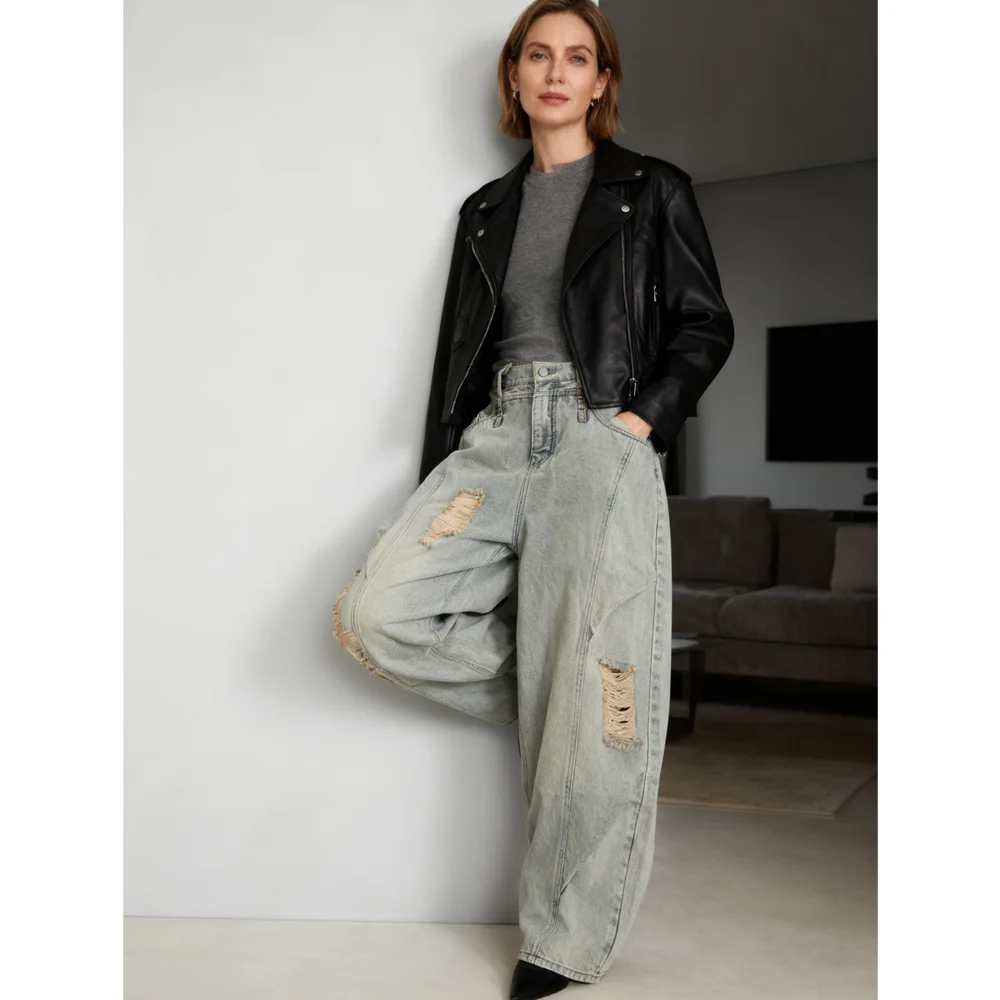 Trendy Women's Light Blue Baggy Jeans with Distressed Design High Waist Fashion Denim Trousers