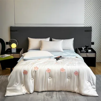 Luxury Floral for Tencel Quilt Set New Style Three-Piece Thin Summer Duvet Cover Embroidered Folded Washed Ice Silk Pillowcase