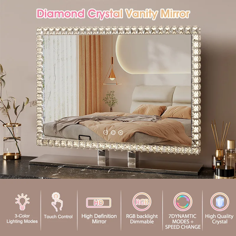 Stainless Steel Crystal Glass LED Vanity Mirror with RGB Light Adjustable for Personal Beauty and Home Cosmetic 0