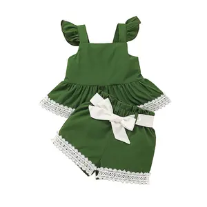 2022 New Casual Sleeveless Summer Square Neck Ruffles Lace Vest Bow Belt Solid Color Shorts Two Pieces Blouse Baby Clothing Set