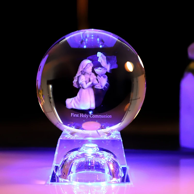 Hot Sale 80mm Baptism 3D Laser Crystal Ball With Led Light Base details