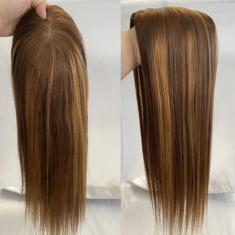 Topper per capelli umani vergini con meches piano 4 clip in capelli lisci base in seta per donne_voghion.com