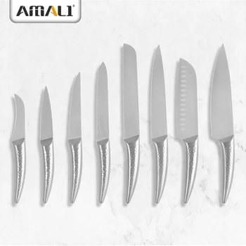 Unique Hammered Pattern High Carble Stainless Steel Hollow Curve Handle Stainless Steel Set Knives Kitchen Knife Set