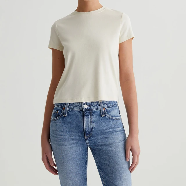 Custom OEM/ODM Women's Vintage Crop Crewneck Tee- White Cotton Blend Rib Knit, Short Sleeve, Effortless Everyday Top